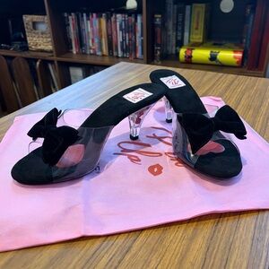 Pinup Couture black velvet bow kitten heels with roses